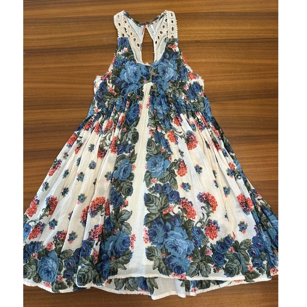 Free People Little Teacup Dress Small Blue Floral Crochet Cottage Shabby Chic